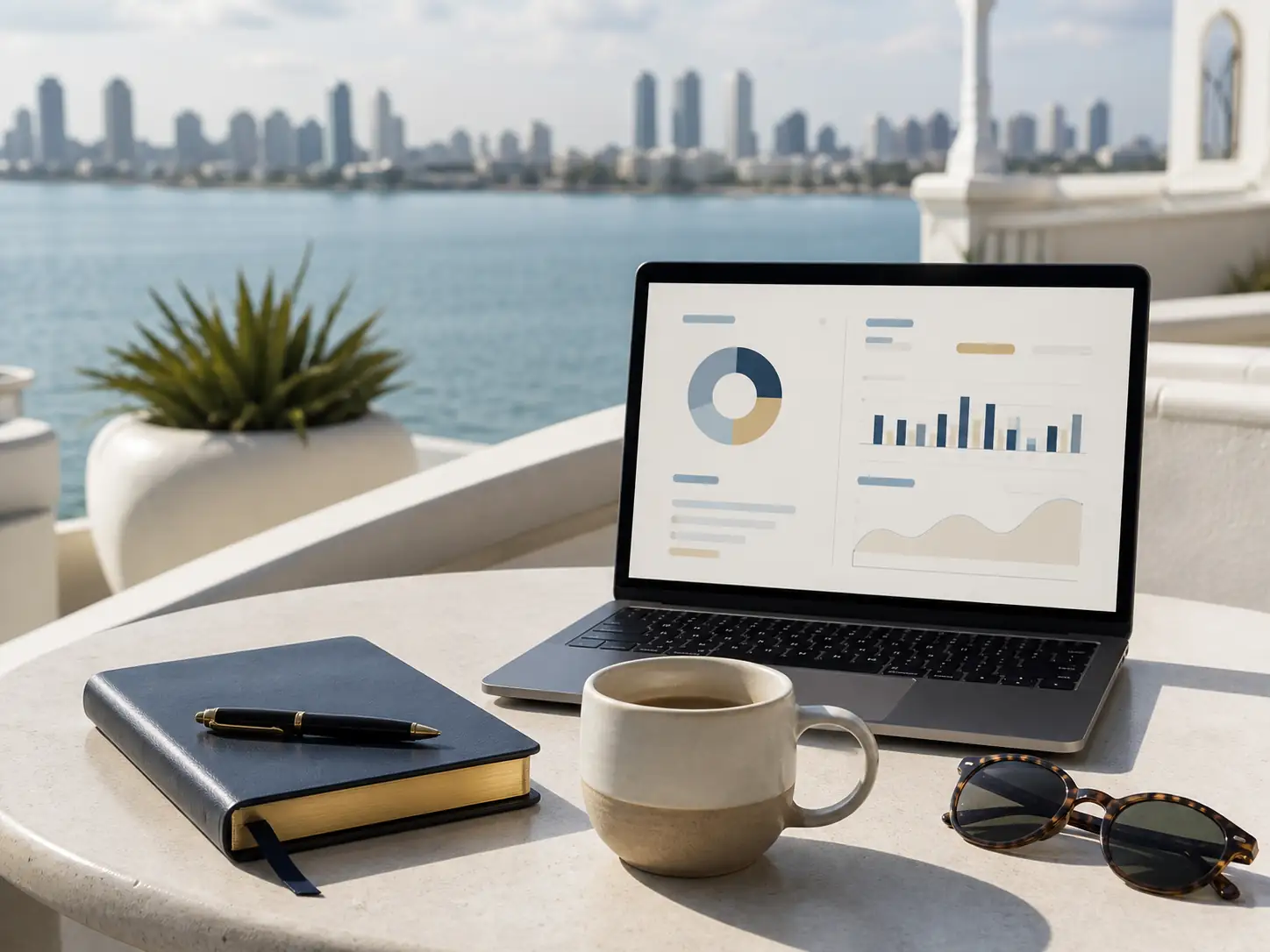 Private monthly planning tool on a Coronado waterfront terrace